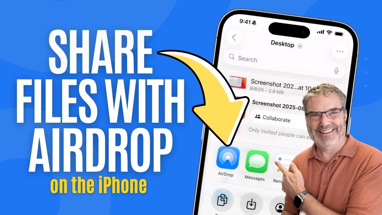 Thumbnail promoting AirDrop: man pointing to an iPhone screen with AirDrop and Messages icons, text reads 'Share files with AirDrop on the iPhone'
