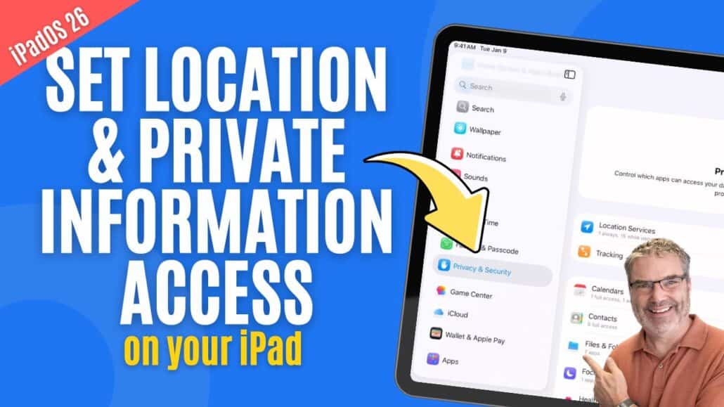 Thumbnail promoting iPad privacy settings: text reads 'Set location & private information access on your iPad' with an iPad Settings panel and a yellow arrow.