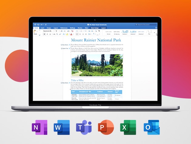 MacBook Pro displaying a Word document about Mount Rainier National Park with app icons (OneNote, Word, Teams, PowerPoint, Excel, Outlook) beneath the laptop.