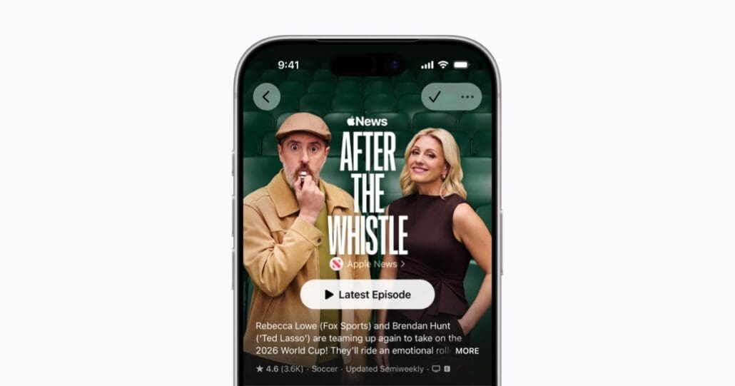 iPhone screen displaying a podcast thumbnail for 'After the Whistle' with a man and woman posing in a stadium background.