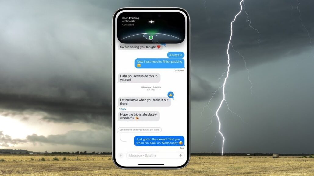iPhone with a texting chat on screen, placed over a stormy field with a bright lightning bolt in the sky, showing a Satellite iMessage thread.