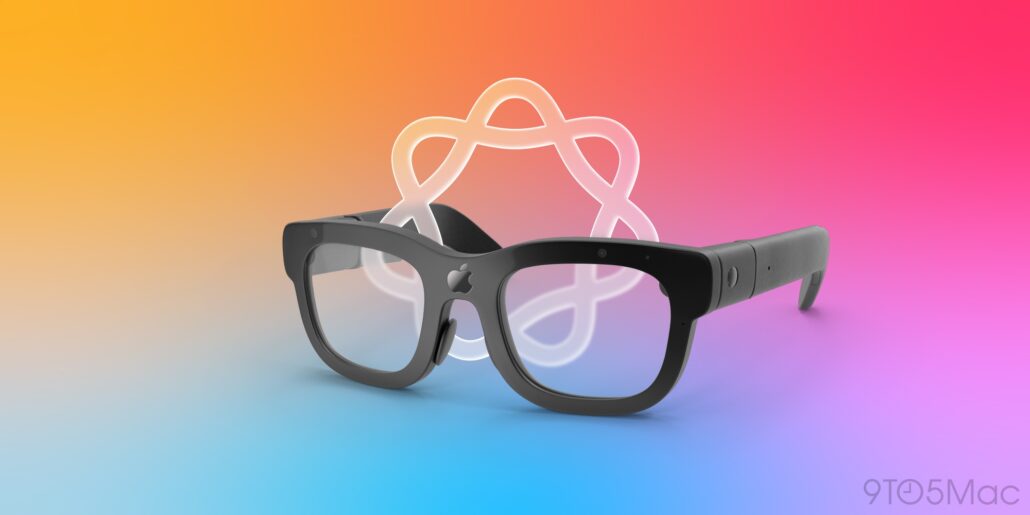 Apple AI glasses launch pushed back to late 2027 Vision Air to arrive by 2029 report - Dans Tutorials - Dans Tutorials Black augmented reality headset with Apple logo resting on a vivid orange-to-pink-to-blue gradient background with a glowing loop behind it.