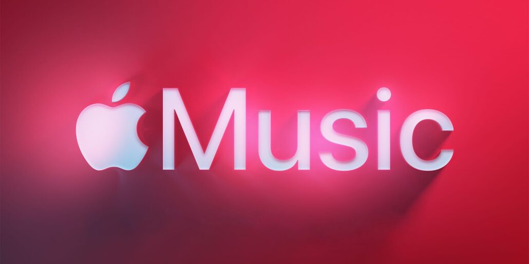 Apple Music branding: white Apple logo and the word 'Music' on a pink gradient backdrop