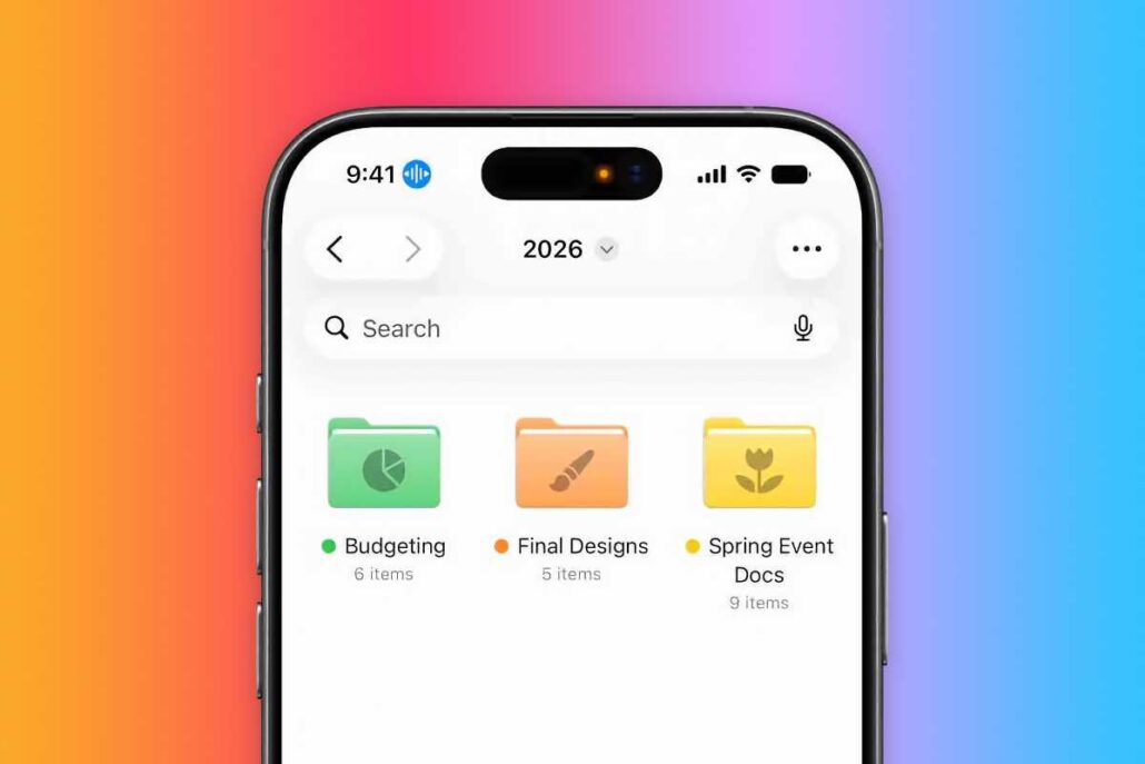 Smartphone UI showing three colored folders: Budgeting (6 items), Final Designs (5 items), Spring Event Docs (9 items).