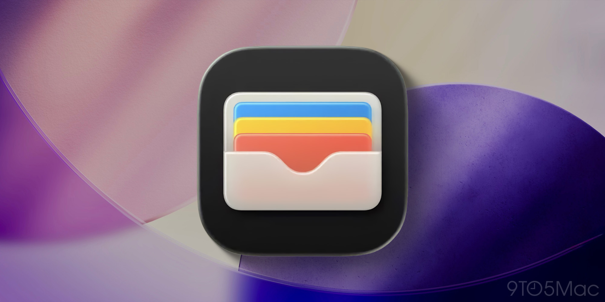 App icon: white wallet with stacked blue, yellow, orange and red cards on a dark rounded background