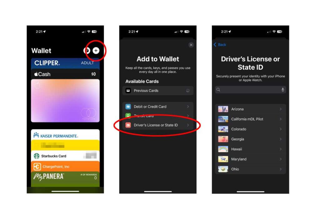 Wallet app main screen with a circled plus button to add a card or pass at the top right edge of the screen.