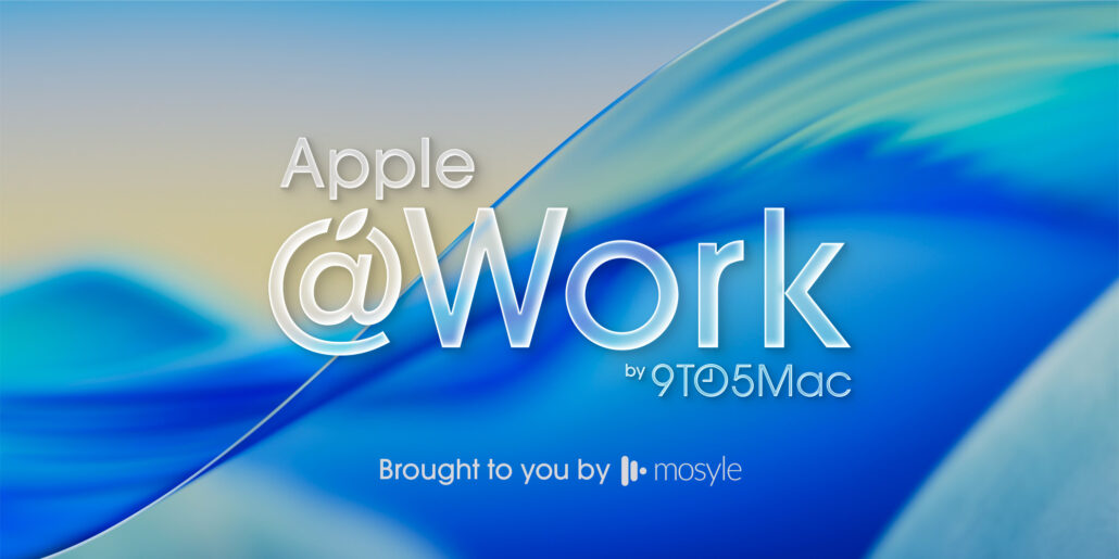 Apple @Work banner graphic with blue gradient background and white text by 9to5Mac the 'Apple @Work' title
