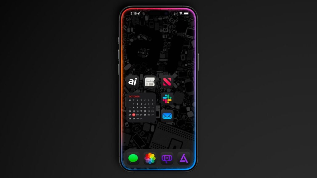 Dark iPhone home screen on a tech-pattern wallpaper, showing a calendar widget and several app icons with a neon edge glow around the device.