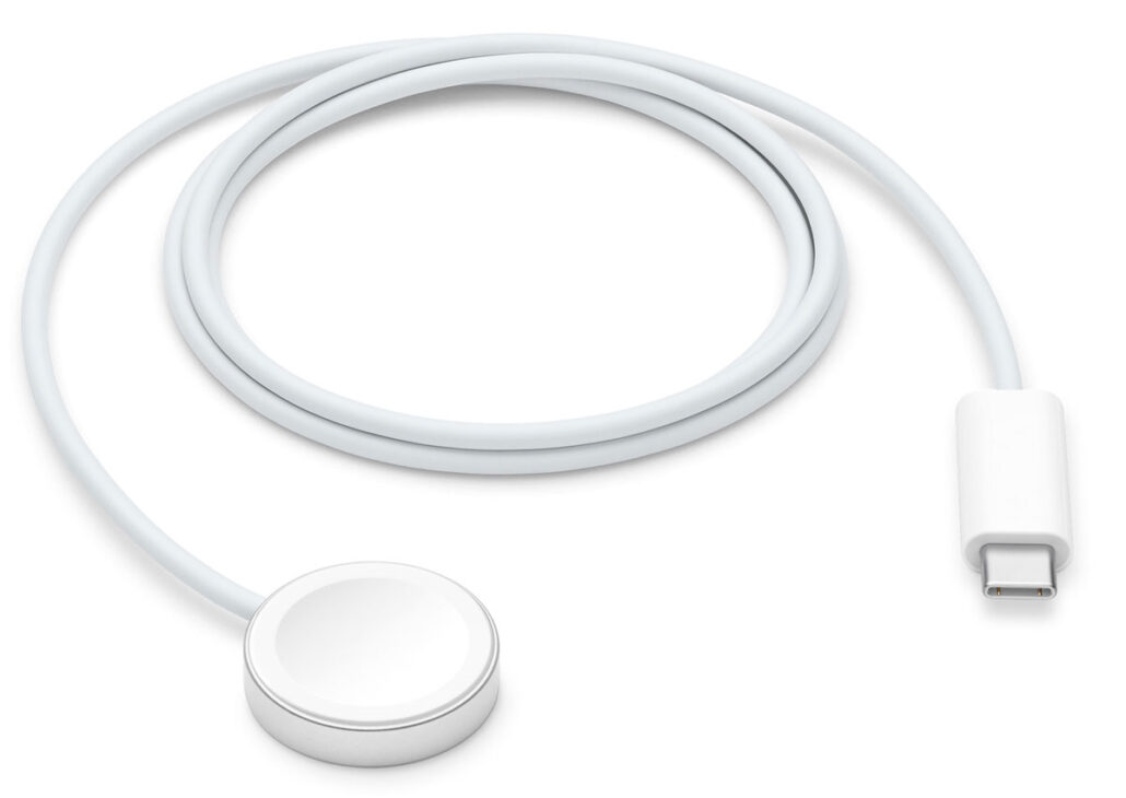 White circular magnetic charging puck attached to a long white cable ending in a USB-C/modern connector (charging accessory)