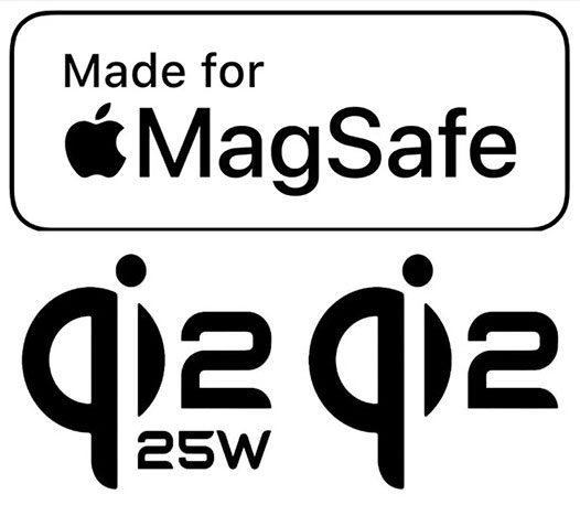Certification badge showing 'Made for Apple MagSafe' with Apple logo, and two Qi2 25W icons side by side.