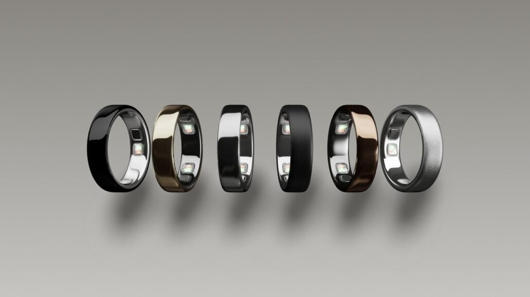 Six metallic rings with embedded LEDs, lined up on a gray gradient background