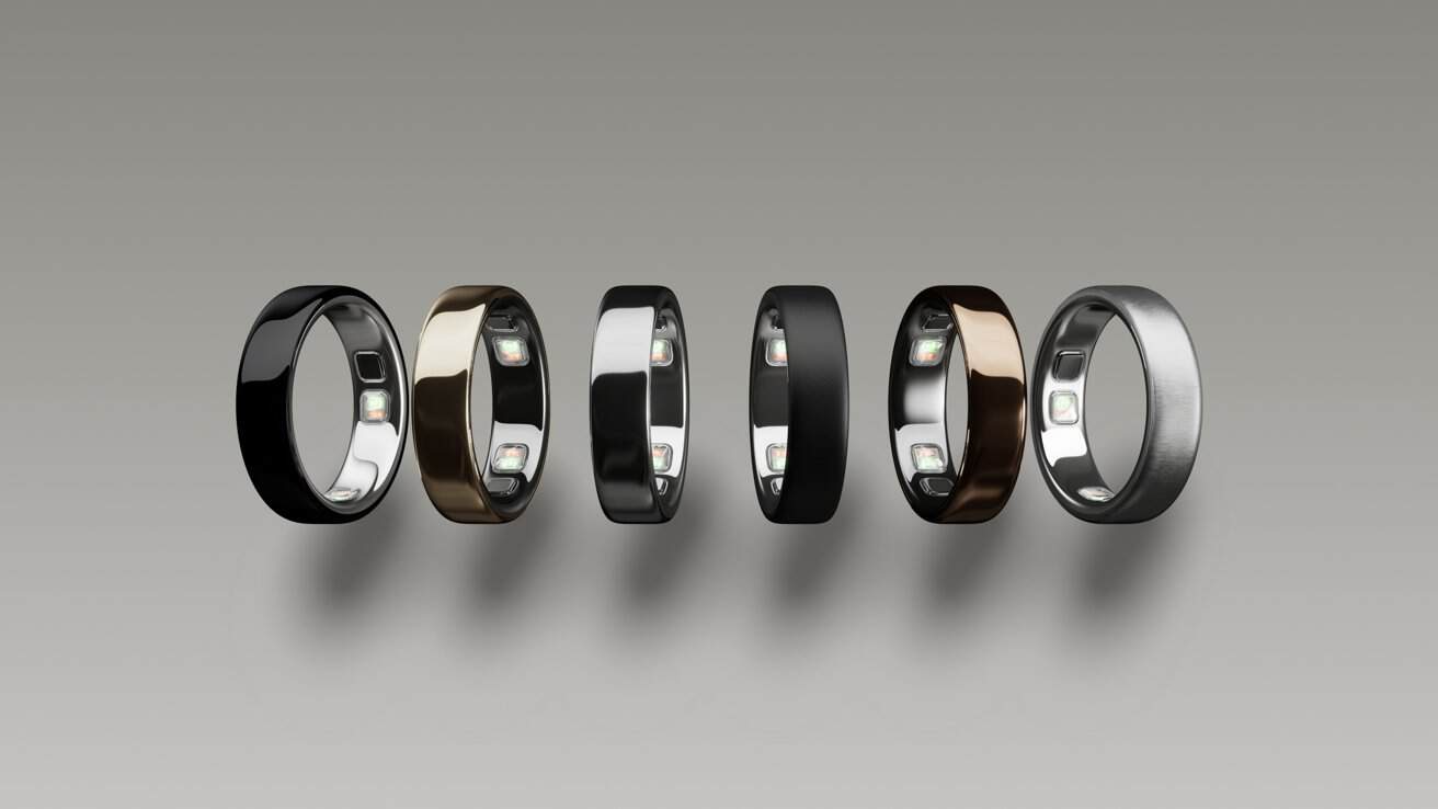 Six metallic rings with embedded LEDs, lined up on a gray gradient background