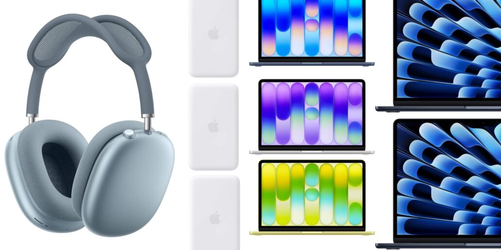 Deals M5 MacBook Air 0 off MacBook Neo AirPods 4 AirPods Max 2 Amazon low more - Dans Tutorials - Dans Tutorials Collage of Apple devices: gray over-ear headphones on the left, white iPhone backs in the center, and colorful MacBooks and iPads on the right.