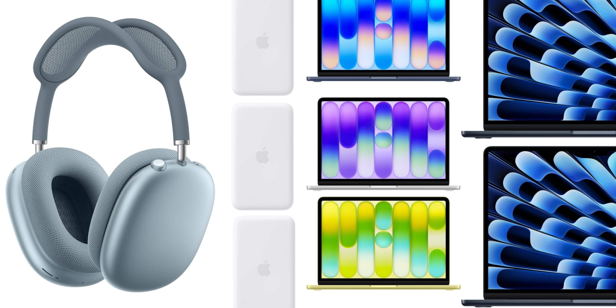 Collage of Apple devices: gray over-ear headphones on the left, white iPhone backs in the center, and colorful MacBooks and iPads on the right.