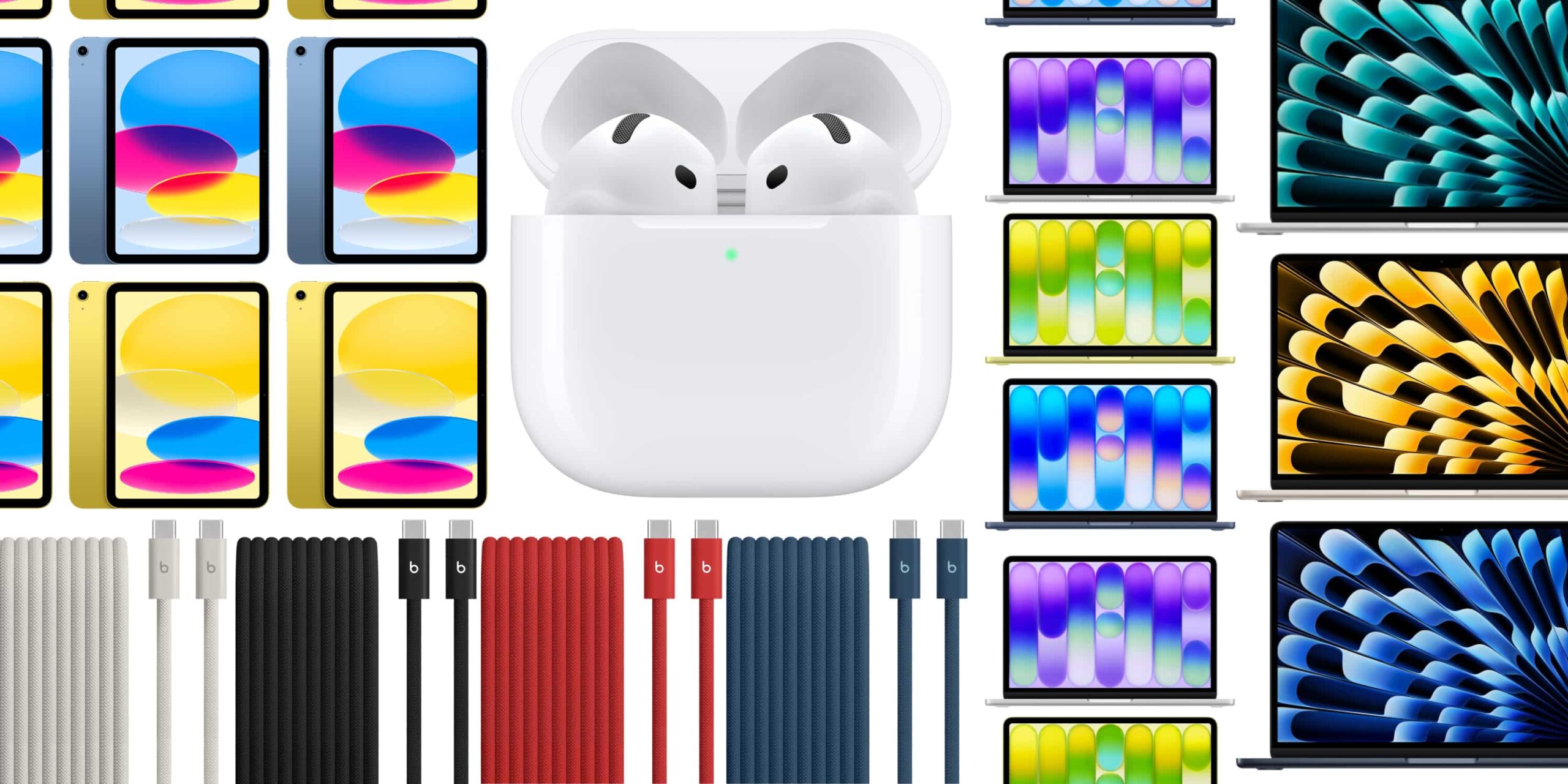 Collage of Apple devices: iPhone screens, iPad, AirPods in a charging case, MacBook laptops, and colorful accessories.