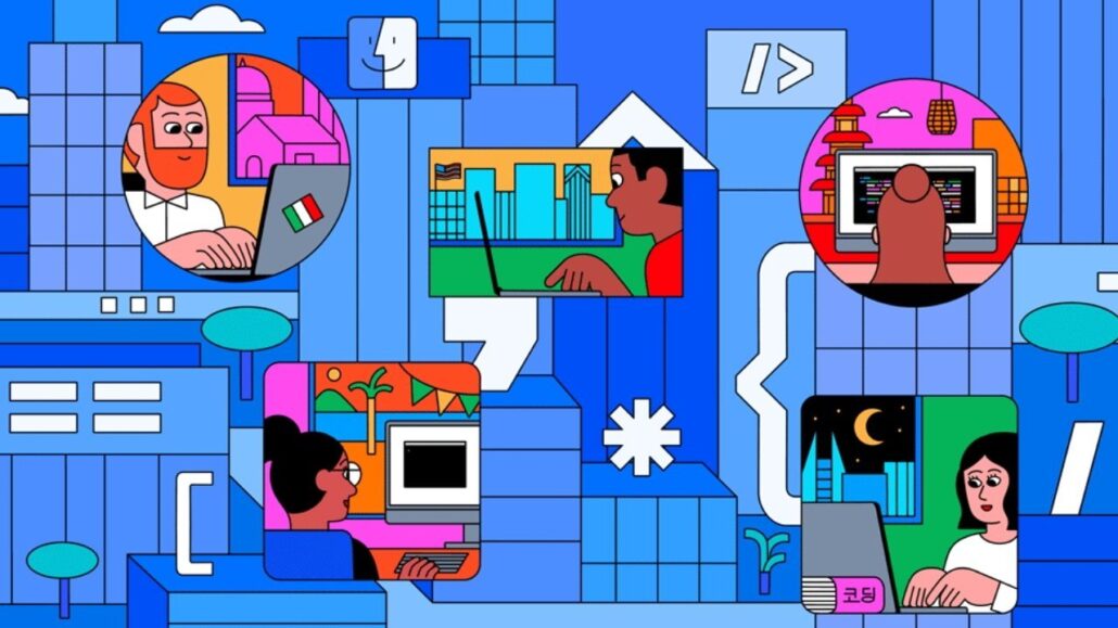 Colorful collage of people coding at computers inside a blue, cityscape–like tech environment.