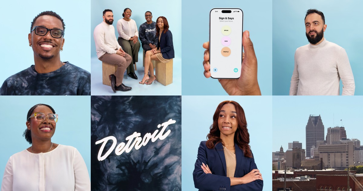 Collage of diverse professionals against a light blue background, including a phone screen showing an app and a Detroit skyline urban scene.