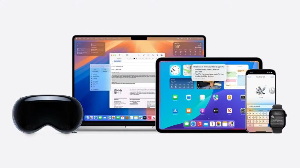 Apple Vision Pro headset in front of a MacBook, iPad, iPhone, and Apple Watch on a light gray background.