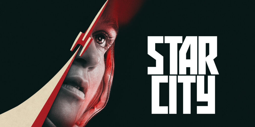 Close-up of a red-hooded face on the left with bold white 'STARK LIFE' text on a dark background, like a poster.