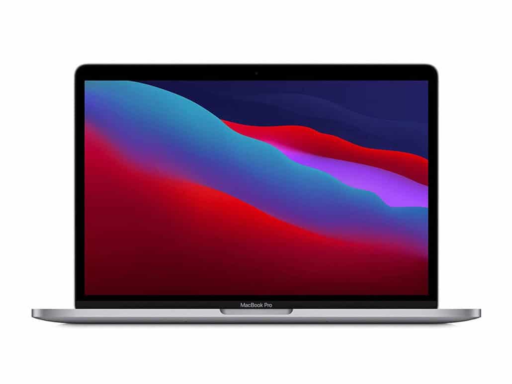 MacBook Pro laptop open, displaying a colorful abstract wallpaper on a silver body with a black bezel around the screen.