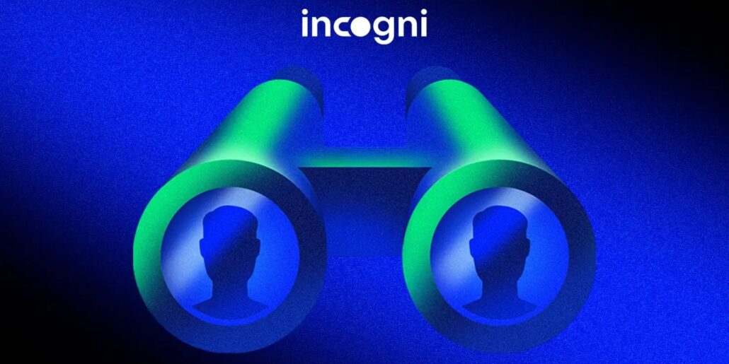 Abstract blue-green binoculars forming a privacy/privacy motif, with the 'incogni' logo at the top.