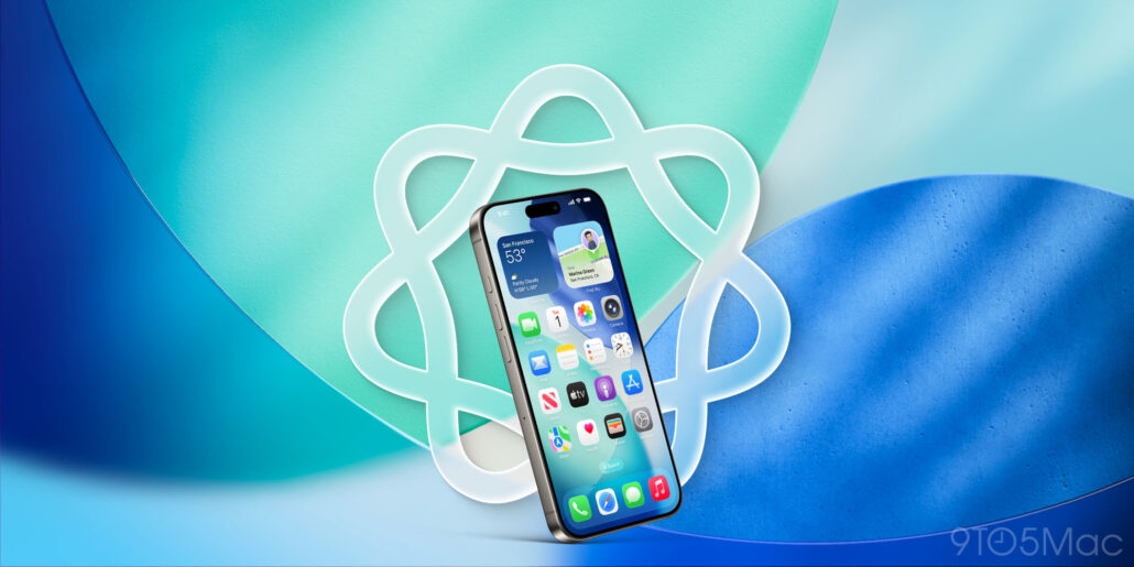 iPhone with the home screen displayed, floating in front of abstract teal and blue shapes in a marketing image.