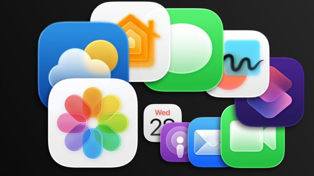 Cluster of colorful Apple iOS app icons overlapping on a dark background, forming a collage (Photos, Calendar, Mail, Contacts, etc.).
