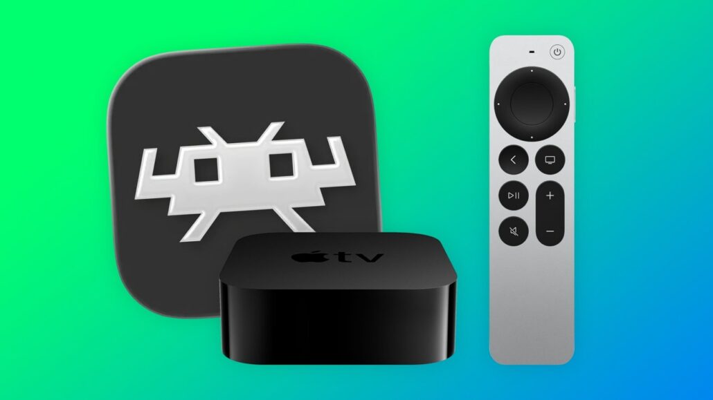 Apple TV box with a silver remote on a teal-to-blue gradient background; a large dark square app icon with a white abstract bug symbol sits in the foreground.