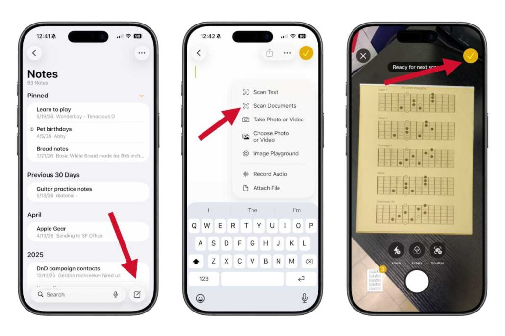 How to scan documents on iPhone and save them as PDFs - Dans Tutorials - Dans Tutorials Three iPhone screens showing notes workflow: left screen with a Notes list and a bottom Search field; middle shows a menu including Scan Text and Scan Documents; right displays a camera scan of a document.