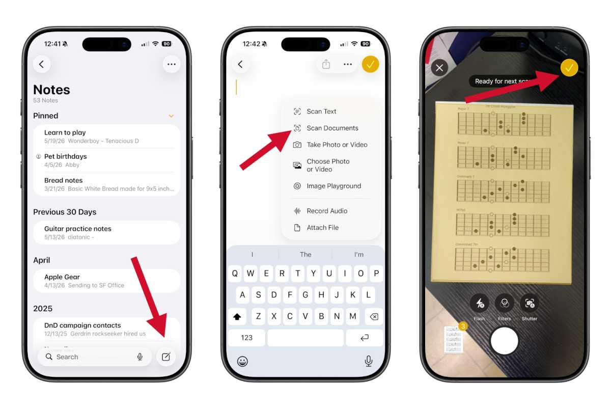 Three iPhone screens showing notes workflow: left screen with a Notes list and a bottom Search field; middle shows a menu including Scan Text and Scan Documents; right displays a camera scan of a document.