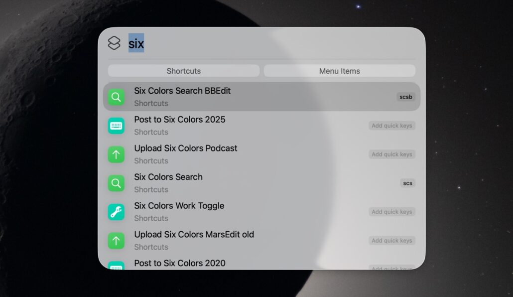 Screenshot of the Six Colors app shortcuts panel, listing actions like 'Six Colors Search BBEdit' with icons on the left against a space-themed background.