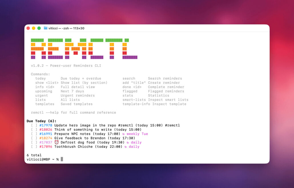 Terminal window showing colorful ASCII art spelling 'TODO' above a list of reminder commands and 'v1.0.2 — Power-user Reminders CLI'