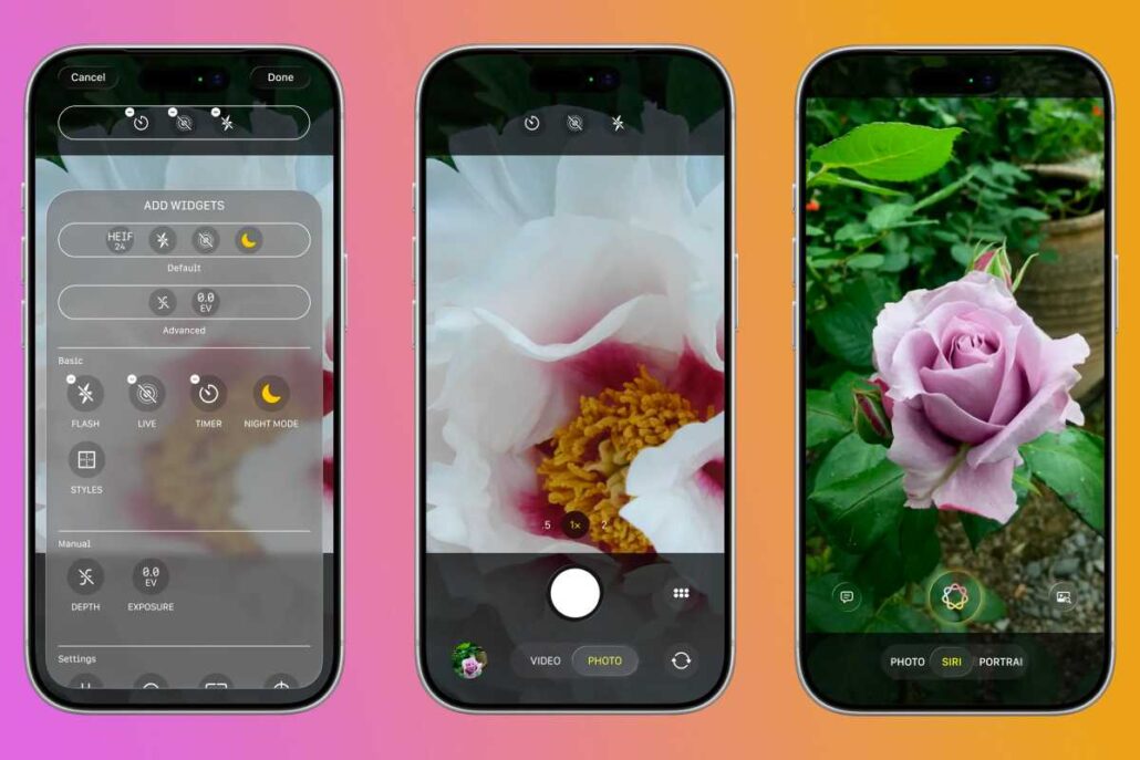 Three iPhones on a pink-to-orange gradient background displaying camera/app interfaces; left shows widgets/settings, middle is a flower close-up, right shows a pink rose in focus.