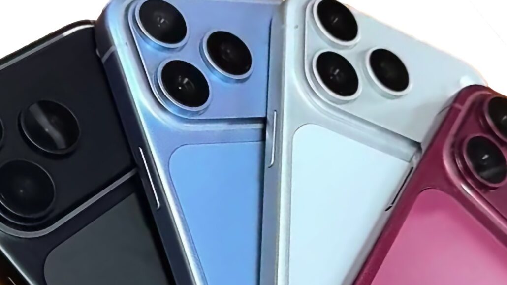 Close-up of four iPhones in black, blue, silver, and pink, each with a triple-camera module fanned together