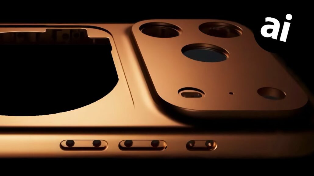 Close-up of a gold iPhone back showing three camera lenses and flash, with an ai logo in the corner.