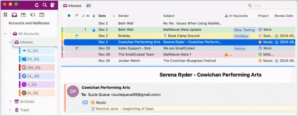 Screenshot of an email client UI: left sidebar with accounts and mailboxes, middle pane listing colored message rows, and a opened email header for 'Serena Ryder - Cowichan Performing Arts' with recipient 'Suzie Queue' and a music-related folder/tag.