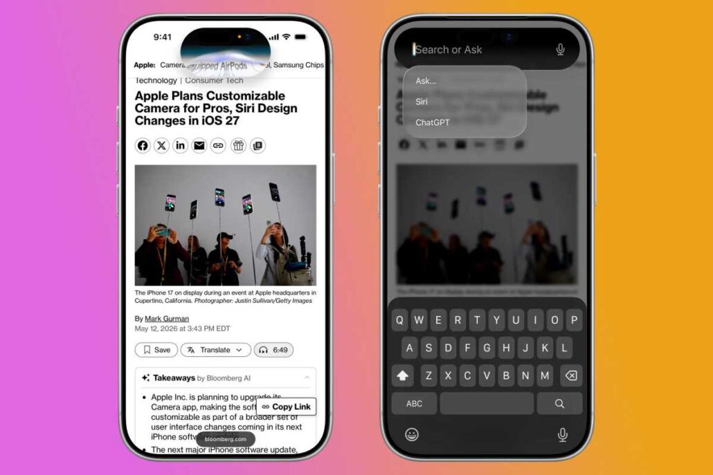 Two iPhone screens on a color-gradient background: left shows a Bloomberg tech article about Apple’s customizable camera, right shows a blurred search UI over the keyboard.