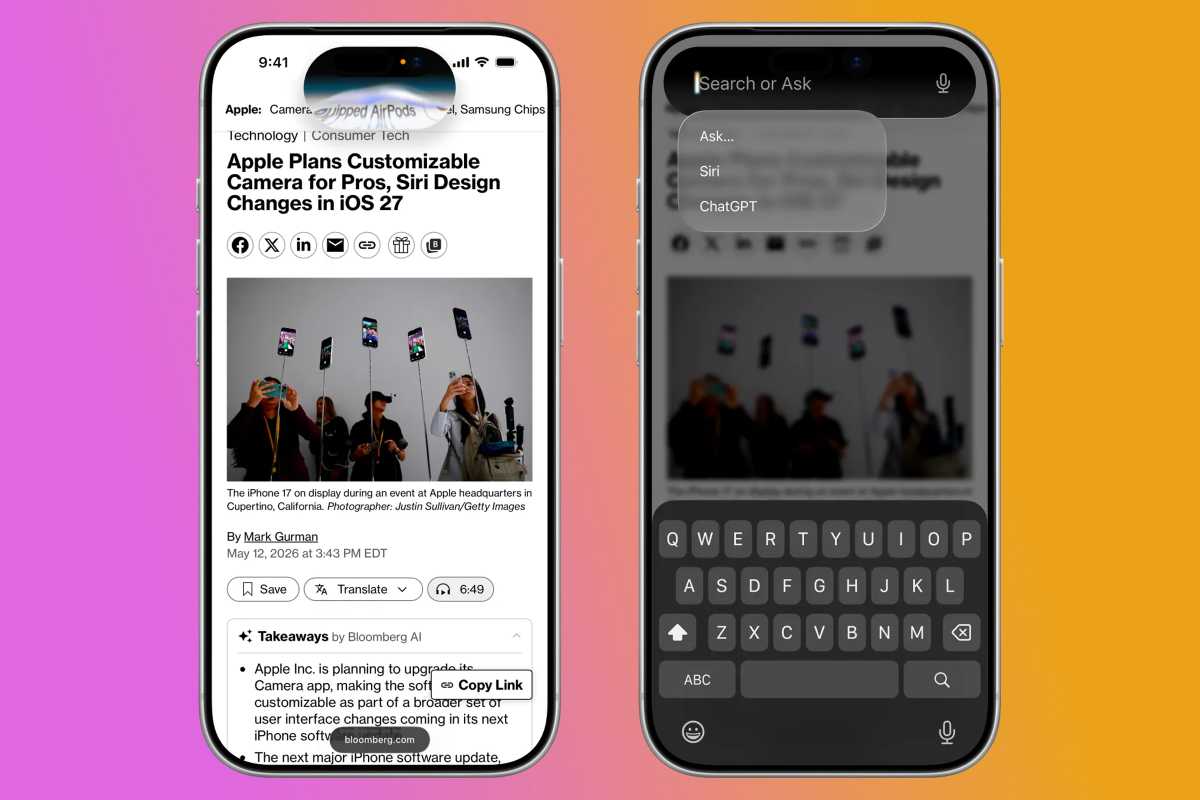 Two iPhone screens on a color-gradient background: left shows a Bloomberg tech article about Apple’s customizable camera, right shows a blurred search UI over the keyboard.