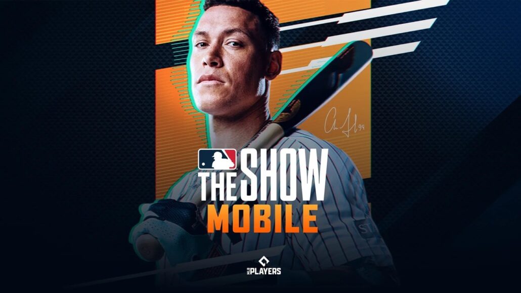 Promotional poster for MLB The Show Mobile featuring a baseball player with a bat and bold title text