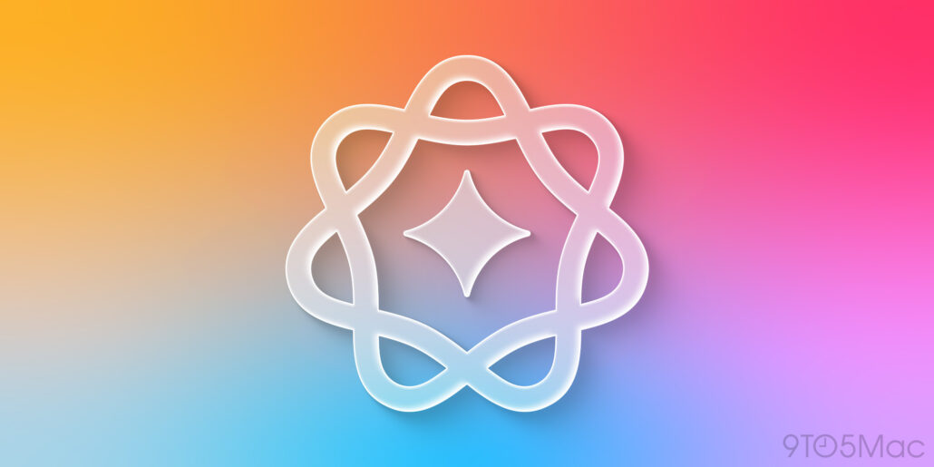 White React logo (atom) centered on a pastel orange–pink–blue gradient background.
