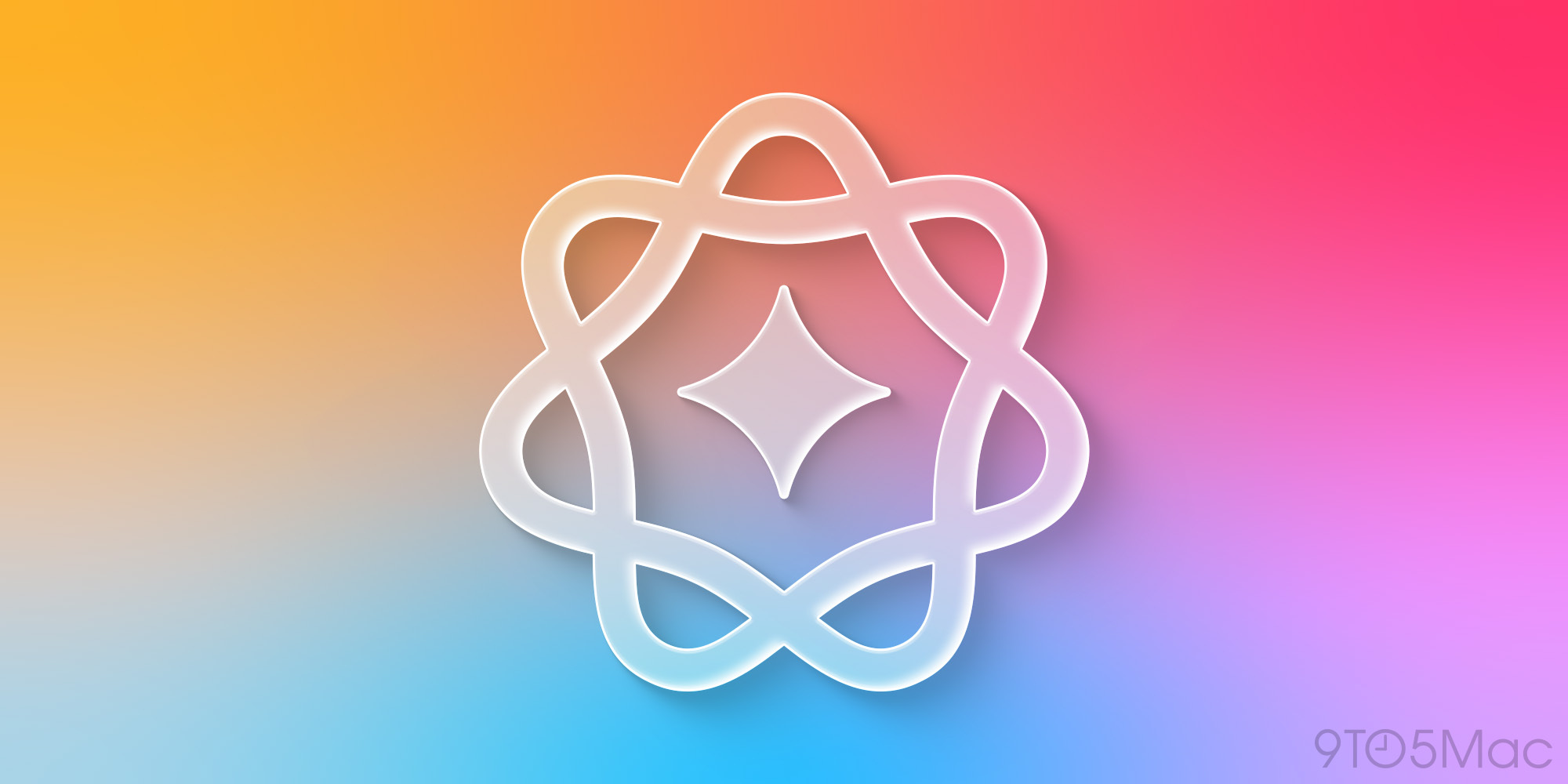 White React logo (atom) centered on a pastel orange–pink–blue gradient background.