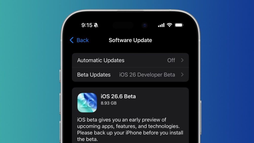 iPhone software update screen showing iOS 26.6 Beta card and update options (Automatic and Beta updates).