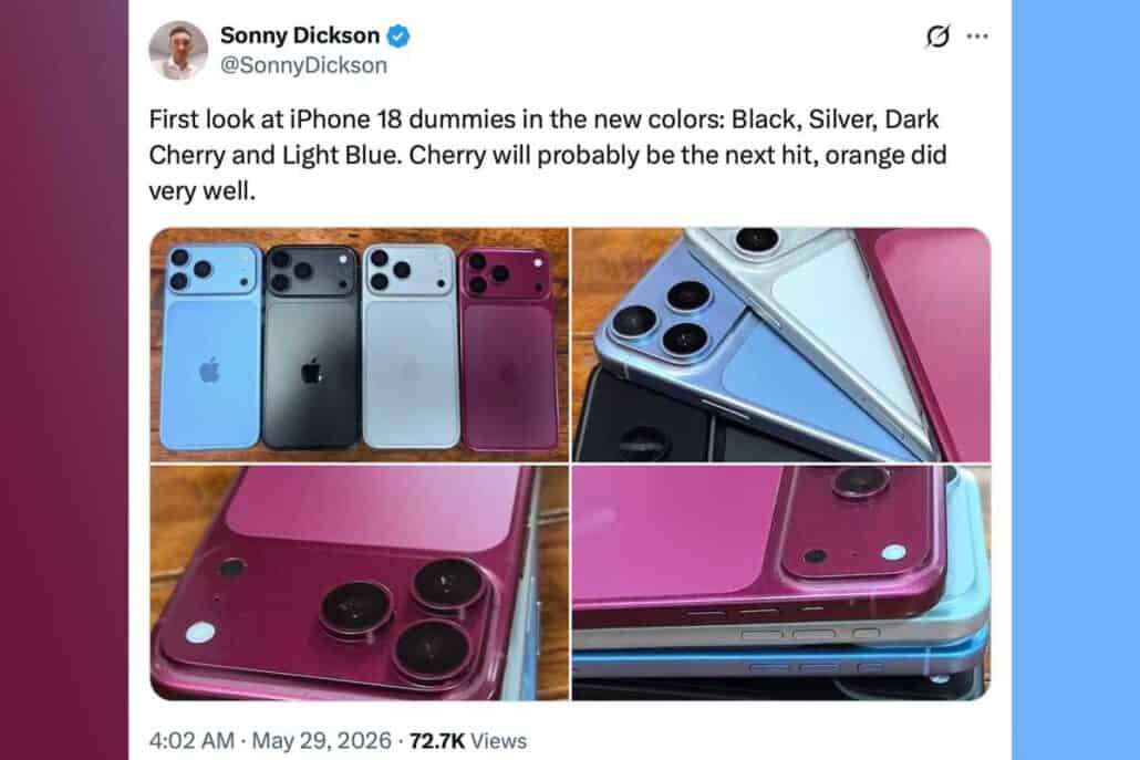 Collage of iPhone 18 dummies in Black, Silver, Dark Cherry, and Light Blue, showing back and side views on a wooden surface.