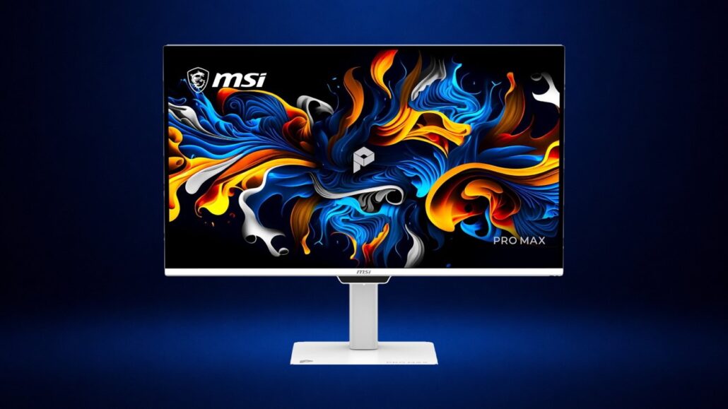 MSI Pro Max monitor on a white stand displaying colorful abstract wallpaper against a dark blue backdrop.