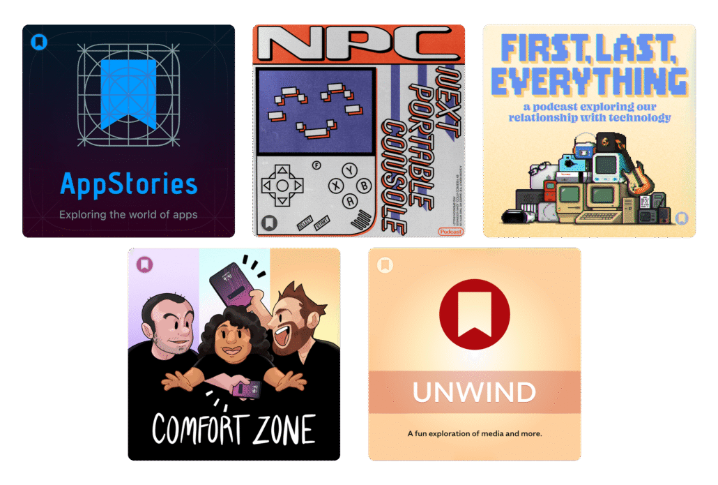AppStories: dark gradient cover with a blueprint-like icon and the text 'AppStories' and subtitle 'Exploring the world of apps'.