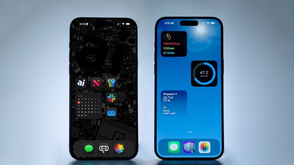 Two iPhones stand side by side: the left phone displays a dark icon-filled wallpaper with a calendar widget, the right phone shows a blue home screen with widgets and app dock.