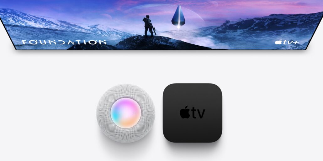 Report New Apple TV HomePod mini set to launch this fall Siri Remote refresh possible - Dans Tutorials - Dans Tutorials Wide header banner with a sci‑fi mountain scene, a hovering crystal and the words FOUNDATION and Apple TV+, followed by a HomePod-like speaker and an Apple TV box.