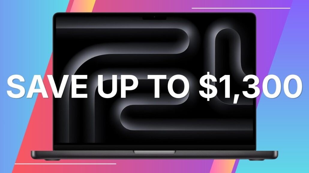 Promotional banner with a black laptop and bold white text: 'SAVE UP TO $1,300' across the screen against a colorful gradient background.