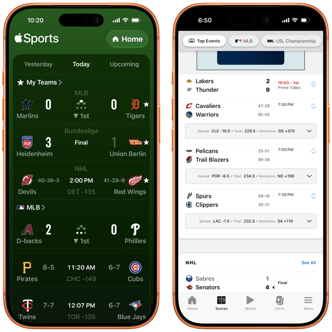 Two iPhone screens side by side showing a sports app: left screen in dark mode with live scores, right screen in light mode with upcoming matches and tabs.