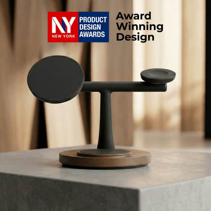 Award-winning design trophy on a wooden base with NY Product Design Awards branding and 'Award Winning Design' text on a blurred backdrop.